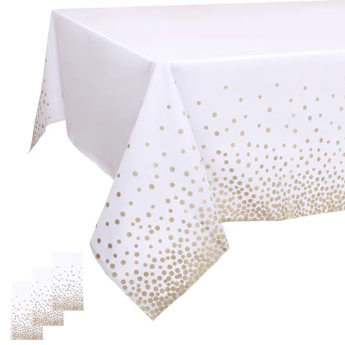 Kesfey Weiße und goldene Tischdecken, 137,2 x 274,3 cm, goldfarbene Punkte, weiße Kunststoff-Tischdecken, Einweg-Kunststoff-Tischdecke, Papiertischdecken für Partys, Hochzeiten, 3 Stück Kesfey Weiße und goldene Tischdecken, 137,2 x 274,3 cm, goldfarbene Punkte, weiße Kunststoff-Tischdecken, Einweg-Kunststoff-Tischdecke, Papiertischdecken für Partys, Hochzeiten, 3 Stück von Kesfey