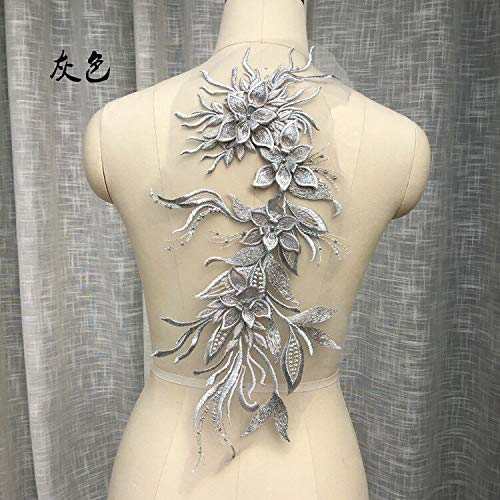 3D-Aufnäher, groß, bestickt, Spitze, Brautschmuck, zum Aufbügeln oder Aufnähen, für Hochzeitskleid, Stil C, Grau von Kesheng