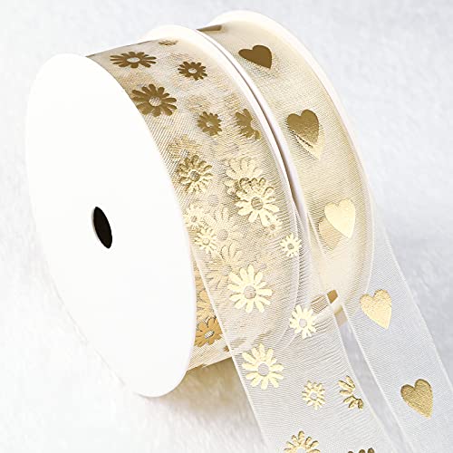 Kesote 2 Rollen Geschenkband Gold Schleifenband Dekoband zum Basteln Organzaband Hochzeit Deko Party Geschenk Transparent Band Geschenkverpackung Weihnachten (Herz + Chrysantheme) von Kesote