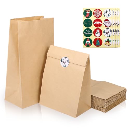 Kesote Kraftpapier Tüten Set, 48 Stück Braun Papiertüten Geschenkbeutel Cantytasche mit 48 Stück Weihnachten Aufkleber Sticker für Adventskalender Party Weihnachten Hochzeit (27 x 15 x 9 cm) von Kesote