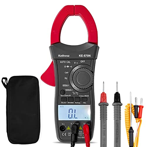 Digital Multimeter Strommesszange, Kethvoz Ampere Zange Clamp Meter 1000A autorange 6000 TRMS Strommessgerät Messen AC DC Spannung Ampere Ohm Elektrisch Kontinuität Temperatur 570N von Kethvoz