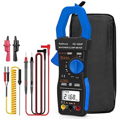 Stromzange Multimeter 1000A Zangenamperemeter, Kethvoz 1/3 Phase Leistungsmessgerät 9999 Count Strommesszange Messen AC DC Strom Spannung Ohm Test Leistungsfaktor Phasenwinkel 580P von Kethvoz