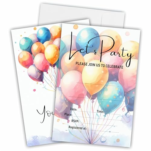 A09 Bunte Luftballons Geburtstagsparty-Einladungen mit Umschlägen, Let's Party, Geburtstagsparty, Einladungen für Kinder, Erwachsene, Teenager, Partyzubehör (20 Stück) von Ketsord