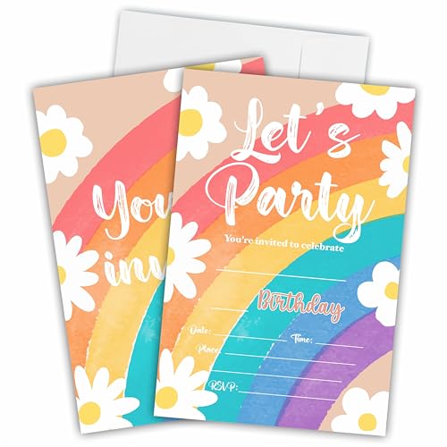 Ketsord A08 Geburtstagseinladungen mit Regenbogen-Gänseblümchen, Party-Einladungen für Kinder, Teenager, Erwachsene, Geburtstagsfeier, Partyzubehör und Dekorationen (20 Karten und Umschläge) von Ketsord