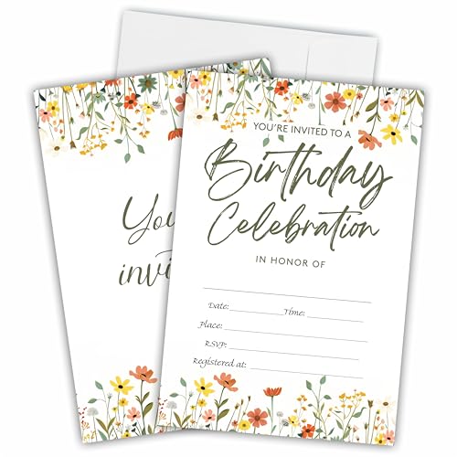 Wild Flower Geburtstagseinladungen, Partyeinladungen für Kinder, Mädchen, Geburtstagsfeier, Partyzubehör & Dekorationen (20 Karten & Umschläge) - A04 von Ketsord
