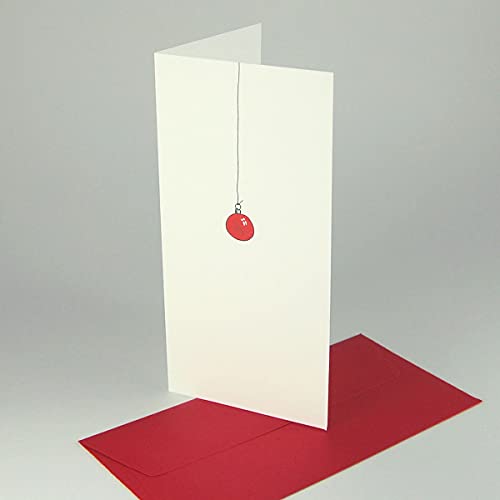 10 Weihnachtskarten, Fanny C. Melle: Minimaleinsatz (eine rote Christbaumkugel), Klappkarten mit roten Umschlägen DIN lang von Kettcards
