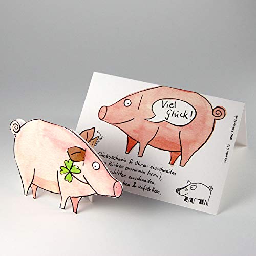 10 witzige Neujahrskarten zum Basteln eines Glückschweins, Klappkarten maigrünen Kuverts, Idee und Gestaltung von Anke Thomas von Kettcards