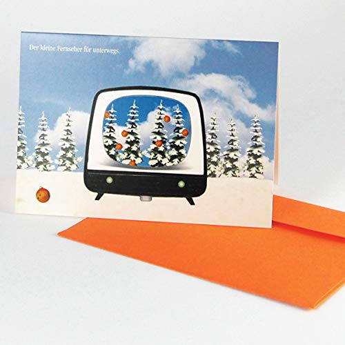 10 witzige Weihnachtskarten für Nostalgiker: Der kleine Fernseher für unterwegs. Klappkarten DIN A6 mit orangen Kuverts. von Kettcards