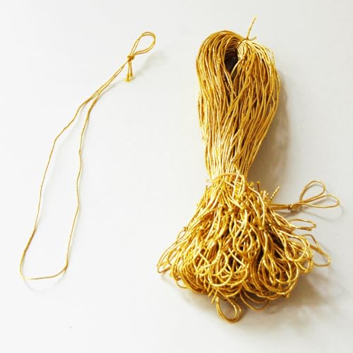 100 elastische Goldkordeln, das goldene Gumiband hat gut 1 mm Durchmesser, etwa 18 cm lang (vom Knoten bis zum Ende der Schlaufe), zum Befestigen von Einlegeblättern in Klappkarten DIN A5 und DIN lang von Kettcards
