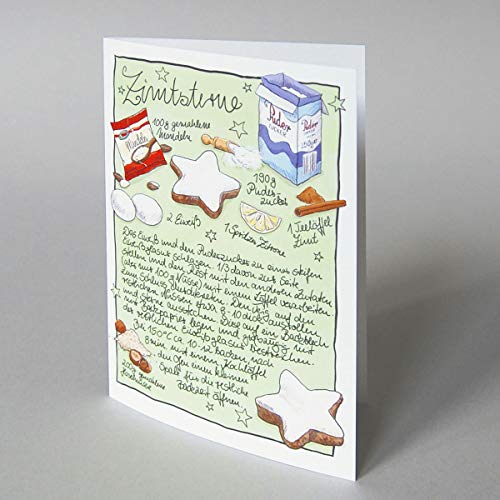 Weihnachtskarte mit illustriertem Rezept für Zimtsterne, Klappkarte mit weißem Kuvert, Entwurf: Charis Bartsch von Kettcards
