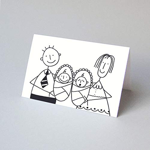 witzige Glückwunschkarte zur Geburt von Zwillingen, schöne Klappkarte mit sonnengelbem Umschlag, Zeichner: Franz Basdera - auch für Geburtsanzeigen von Kettcards