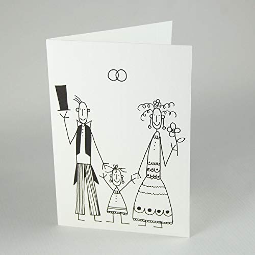 witzige Glückwunschkarte zur Hochzeit mit Kind/Traufe: Brautpaar mit Mädchen, Klappkarte auf hochwertigem geripptem Karton inkl. rotem Umschlag von Kettcards
