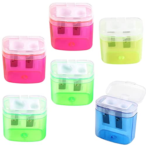 6 Stück Manueller Anspitzer mit behälter, Anspitzer mit Buntstifte, Doppel Loch Pencil Sharpener, Transparent Bleistiftspitzer für Schule Büro Haushaltswaren (Zufällige Farbe) von Kettion