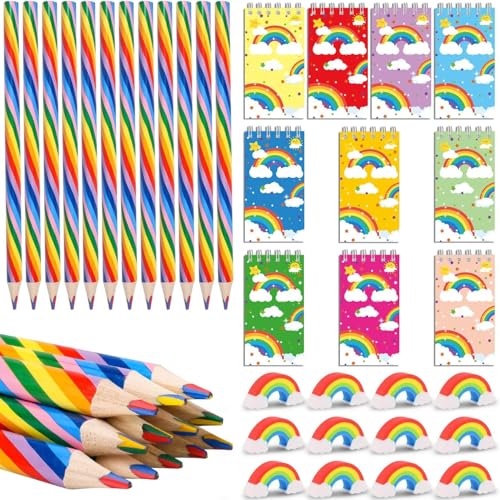 Kettion 34 Stück Regenbogenstift Set, 12 Regenbogenstift, 12 Regenbogen Radiergummi 10 Regenbogen Notizbuch für geburtstag Gastgeschenke,Familie Klassenzimmer Learning Painting Supplies von Kettion