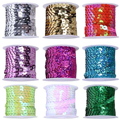 9 Rollen Pailletten Band 6mm Flache Glitzerband Borten, Pailletten Bänder, Paillettenborte PaillettenBand, PaillettenBand Kunsthandwerk, Paillettenrolle für Nähen, Schmuck Machen, Basteln, Dekorieren von Kewmayer