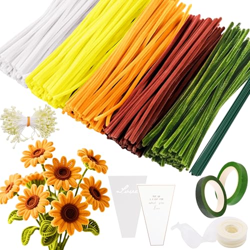 Keyck Pfeifenreiniger Blumen Set 400 Stück Pfeifenputzer zum Basteln Tulpen Pipe Cleaner Flower Set mit 20 Grün Basteldraht Geschenkband Klebeband Für DIY Dekorieren (Golden) von Keyck