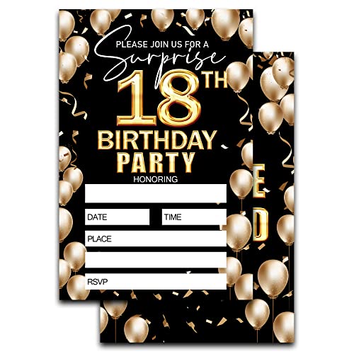 Einladung zum 18. Geburtstag – Schwarz und Gold Geburtstag Einladung Ideen für Mädchen Jungen Teenager Kinder – 20 Einladungskarten zum Ausfüllen mit 20 Umschlägen – TH003 von Keydaat