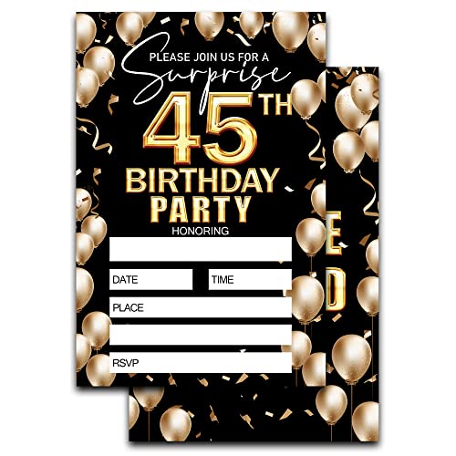 Einladung zum 45. Geburtstag – Schwarz und Gold Geburtstag Einladung Ideen für erwachsene Frau und Mann – 20 Einladungskarten zum Ausfüllen mit 20 Umschlägen – TH008 von Keydaat