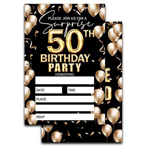 Einladungskarten zum 50. Geburtstag – Schwarz und Gold – Geburtstagseinladungsideen für erwachsene Frau und Mann – 20 Einladungskarten zum Ausfüllen mit 20 Umschlägen – TH009 von Keydaat