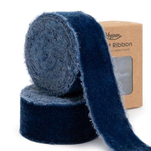 Keypan blau samtband 3,8 cm breit ausgefranste Frayed Vintage Bänder für Weihnachtsbaum Home Decor Kranz Handwerk Ornamente Geschenkverpackung,5,5 m von Keypan