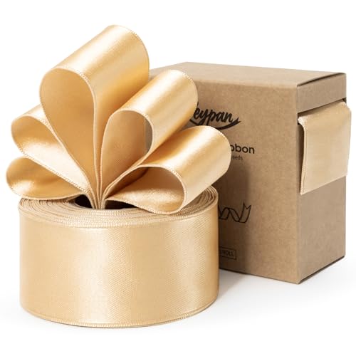 Keypan Champagne Gold Satin Ribbon Double-Faced Wired Ribbons for Gift Wrapping Flower Bouquet Bows Wedding Invitation Christmas Decor Crafts 1-1/2 Inch 10 Yards von Keypan