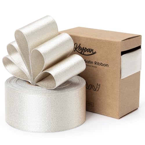 Keypan Champagner Satinband 38mm X 9.14m Verdrahtet Glitzerndes Geschenkband Schleifenband für Heimwerkerkunst Handwerk, Geschenk Verpackung, Schleifen Blumenstrauß & Dekoration Kranz Baumschmuck von Keypan