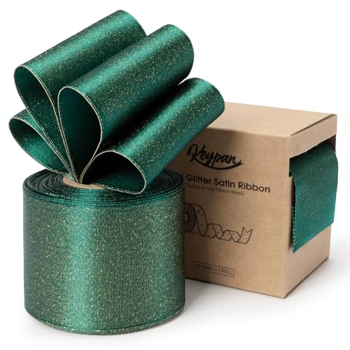 Keypan Grün Geschenkband Breit 63mm Verdrahtet Glitzerndes Verdrahtet Satinband Schleifenband für Baumschmuck, Kränze, Geschenkpapiere, Wohnkultur, 9.14m von Keypan