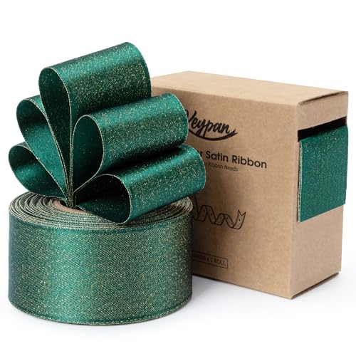 Keypan Grün Satinband 38mm Verdrahtet Glitzerndes Geschenkband Schleifenband für Baumschmuck, Kränze, Geschenkpapiere, Wohnkultur, 9.14m von Keypan