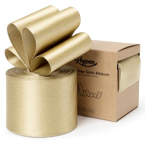 Keypan Hellgold Geschenkband Breit 63mm Verdrahtet Glitzerndes Verdrahtet Satinband Schleifenband für Kränze, Weihnachtsbaumdekoration, Geschenkpapiere, Wohnkultur, 9.14m von Keypan