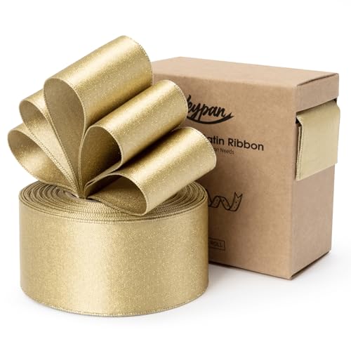 Keypan Hellgold Satinband 38mm, Verdrahtet Glitzerndes Geschenkband Schleifenband für Kränze, Weihnachtsbaumdekoration, Geschenkpapiere, Wohnkultur, 9.14m von Keypan