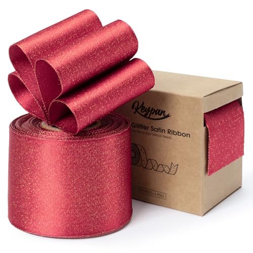 Keypan Rot Geschenkband Breit 63mm Verdrahtet Glitzerndes Verdrahtet Satinband Schleifenband für Baumschmuck, Kränze, Geschenkpapiere, Wohnkultur, 9.14m von Keypan