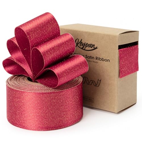 Keypan Rot Satinband 38mm X 9.14m Verdrahtet Glitzerndes Geschenkband Schleifenband für Heimwerkerkunst Handwerk, Geschenk Verpackung, Schleifen Blumenstrauß & Dekoration Kranz Baumschmuck von Keypan