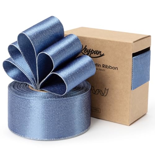 Keypan Staubblau Satinband 38mm X 9.14m Verdrahtet Glitzerndes Geschenkband Schleifenband für Heimwerkerkunst Handwerk, Geschenk Verpackung, Schleifen Blumenstrauß & Dekoration Kranz Baumschmuck von Keypan