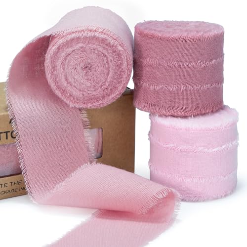 Keypan Staubrosa Pinkes Seidenband 3.8 CM×13.7 M Handgemachtes Baumwollband mit Fransen für Crafts Blumensträuße Hochzeit Kranz Home DIY Dekoration von Keypan