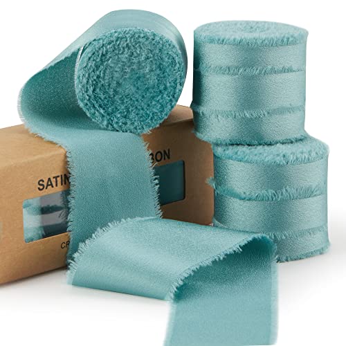 Keypan Türkisfarbenes Band zum Verpacken von Geschenken, Seidensatin-Chiffon, ausgefranste Stoffbänder zum Basteln, Blumensträußen, Hochzeitseinladungen, Dekoration, Babyparty, 38mm x 19.2 m von Keypan