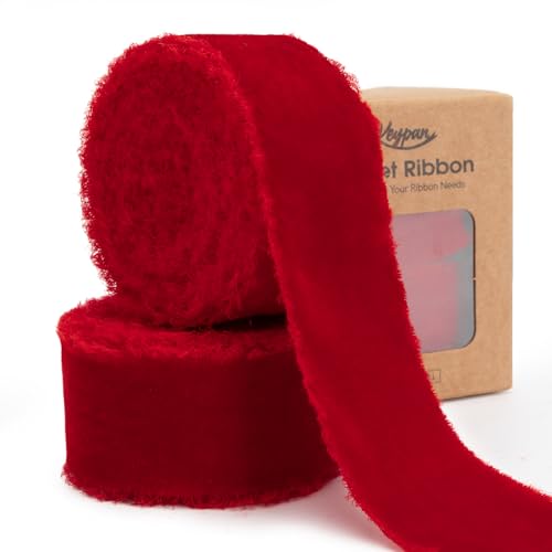 Keypan samtband rot 3,8 cm breit ausgefranste Vintage Samt Bänder für Baum Haus Dekor Kranz Handwerk Ornamente Geschenkverpackung,5,5 m von Keypan