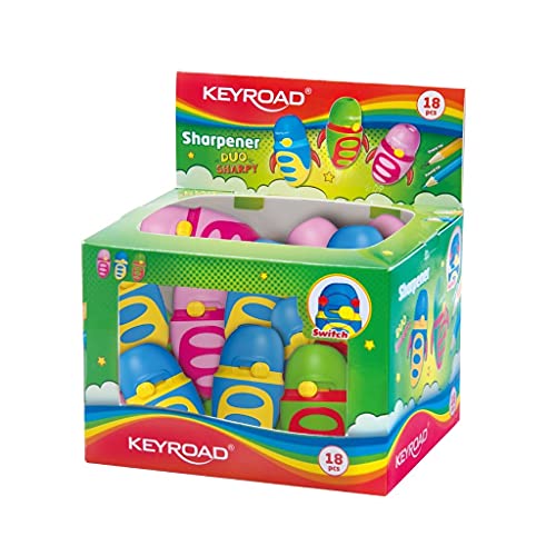 KEYROAD Ergonomischer Anspitzer Einzeln mit Spitzenschalter / 18 Stück - lose verpackt im Display/aus Kunststoff/Klingen aus Stahl/von Bleistiften und Buntstiften/Mischfarben von Keyroad