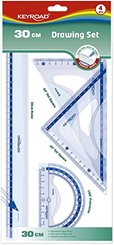 KEYROAD Geometrie-Set Mathematik-Set 4-teilig: 1x Lineal 30cm, 1x 18 cm Zeichen-Dreieck, 1x 10 cm Winkelmesser/Loch zum Aufhängen/Eurolochung/Farbe: Transparent von Keyroad