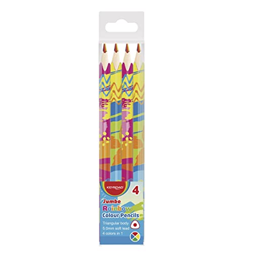 KEYROAD JUMBO Regenbogen Buntstifte Dreikantform - 4 Stück/Weicher Graphit/Mischfarben/Erwachsene und Kinder/Loch zum Aufhängen, multi, KR972103 von KEYROAD