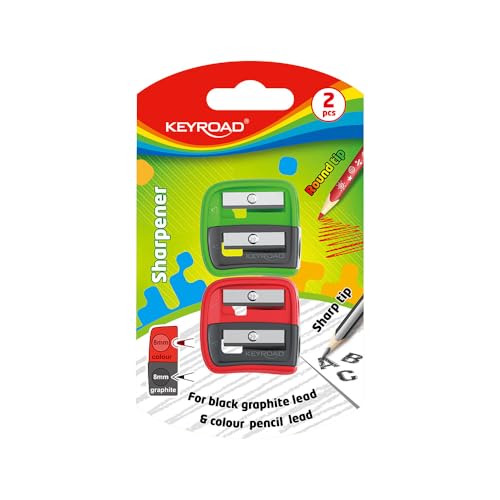 Keyroad Plastik-Anspitzer, Doppelt Bleistiftspitzer, 2 Stk. Spitzer, Blister, Farbmix von Keyroad