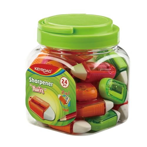 Keyroad Plastik-Anspitzer mit Radiergummi, Bleistiftspitzer Twist, Einzeln Spitzer, in Plastikröhre /24er Pack - 24 Stück von Keyroad