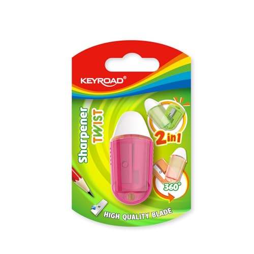 Keyroad Plastikspitzer mit Radiergummi, Einzel Mini Spitzer, Anspitzer, Blister, Farbmix, Bleistiftspitzer / 1 Stück von Keyroad