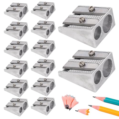 12 Stück Metall Bleistiftspitzer, Manueller Anspitzer Aus Aluminiumlegierung Handgehalten Keilprofil Bleistiftspitzer mit 2 Löchern, Ø8/11mm, Doppelspitzer für Schule, Buntstifte von Keyubria