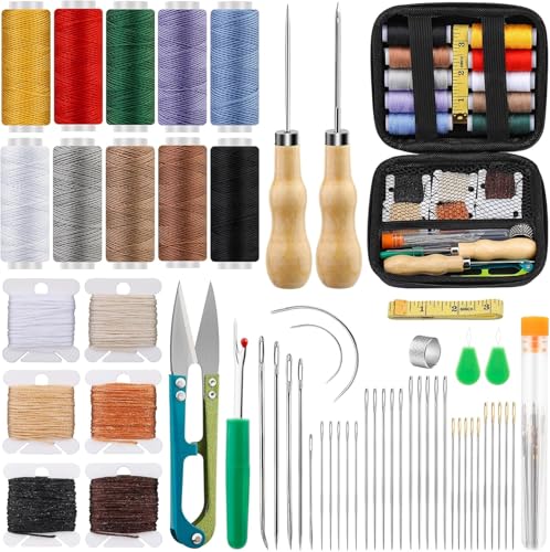 Kezidhp 57PCS Leder Nähset Grundausstattung Reparatur Set mit Nähnadeln, Nähahle, Nahttrenner, Nähgarn Set Sewing Kit Leder Reparatur Set Multifunktional DIY LedernäHset von Kezidhp