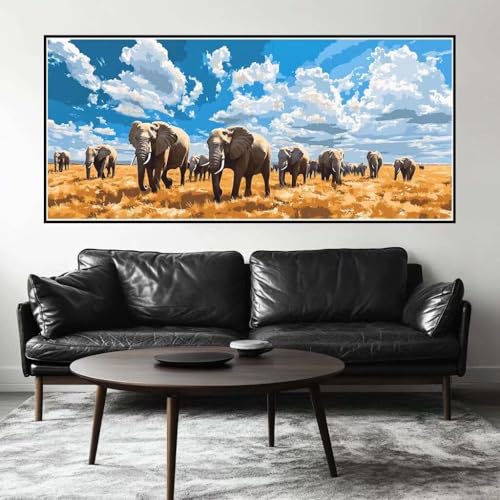 Malen Nach Zahlen Elefant Malen Nach Zahlen Erwachsene Grasland, 90 X 45 cm XXL Groß Acrylfarben Ölgemälde, DIY Malen Nach Zahlen Kinder Anfänger Paint by Numbers Set für Wand Dekor(Ohne Rahmen)-H647 von Kggyele