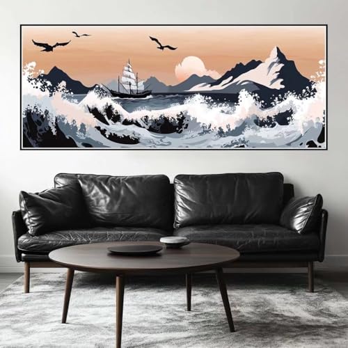 Malen Nach Zahlen Meer Malen Nach Zahlen Erwachsene Schiff, 100 X 40 cm XXL Groß Acrylfarben Ölgemälde, DIY Malen Nach Zahlen Kinder Anfänger Paint by Numbers Set für Wand Dekor (Ohne Rahmen) -H691 von Kggyele