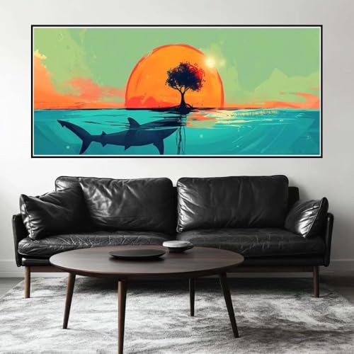 Malen Nach Zahlen Sonnenuntergang Malen Nach Zahlen Erwachsene Hai, 150 X 75 cm XXL Groß Acrylfarben Ölgemälde, DIY Malen Nach Zahlen Kinder Anfänger Set Bastelset für Wand Dekor (Ohne Rahmen) -H613 von Kggyele