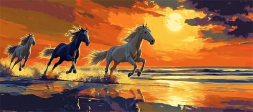 Malen Nach Zahlen Sonnenuntergang Malen Nach Zahlen Erwachsene Pferd, 170 X 85 cm XXL Groß Acrylfarben Ölgemälde, DIY Malen Nach Zahlen Kinder Anfänger Set Bastelset für Wand Dekor (Ohne Rahmen) -H256 von Kggyele
