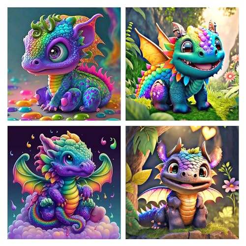 KiKiHong 4 Stück Diamond Painting Drachen Erwachsene 5D Drache Diamond Painting Set DIY Diamond Painting Bilder Geeignet für Anfänger zur Wanddekoration zu Hause(30 * 30cm von KiKiHong