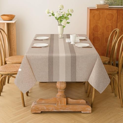 Kiatuniya Tischdecke Abwaschbar Braun Tischdecken 140x100cm Modern Streifen-Muster Polyester Leinen-Optik Rechteckig Tischtuch Outdoor Gartentischdecke Wetterfest für Wohnzimmer, Esszimmer, Party von Kiatuniya